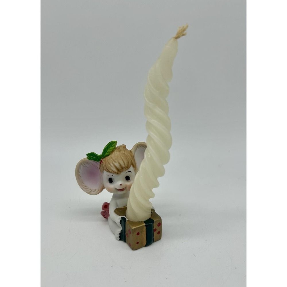 Vintage Mouse Figurine Christmas Bisque Porcelain Candle Holder Holiday Decor